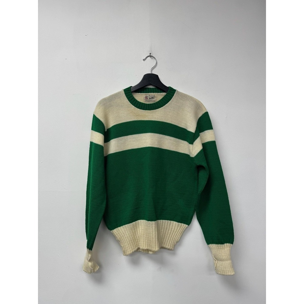 Vintage Puritan Sweater Mens Small Green Cream Stripe‎ Wool Knit Crewneck 60s